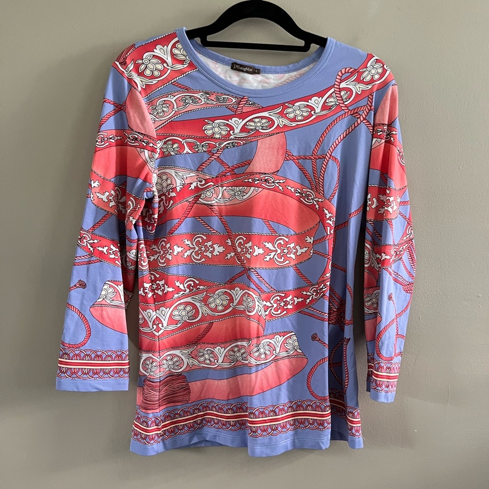 J. McLaughlin 3/4 Length Sleeve Shirt - Paisley Coral Blue Brown Size Small - Picture 3 of 5